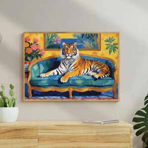 tiger painting large maximalist wall art preppy room decor, funky horizontal wall art college dorm decor, pink orange wall art animal print