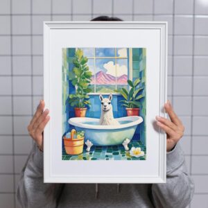 Alpaca in bathtub bathroom animal print, maximalist animal in bath wall art, tropical safari bathroom prints, funny gifts, Toilet Art Decor